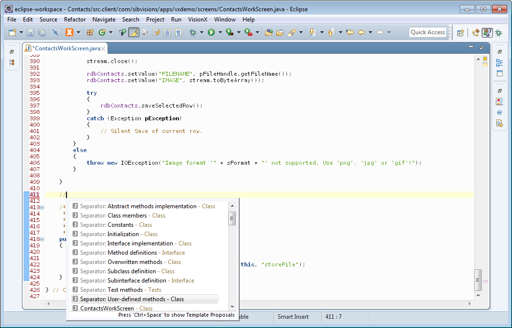 The code completion of Eclipse showing the default separators.