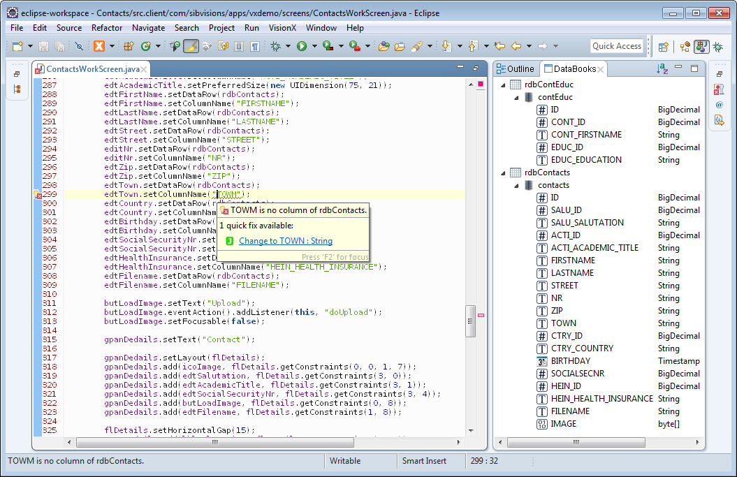 The workscreen source with a mistyped column name being highlighted.
