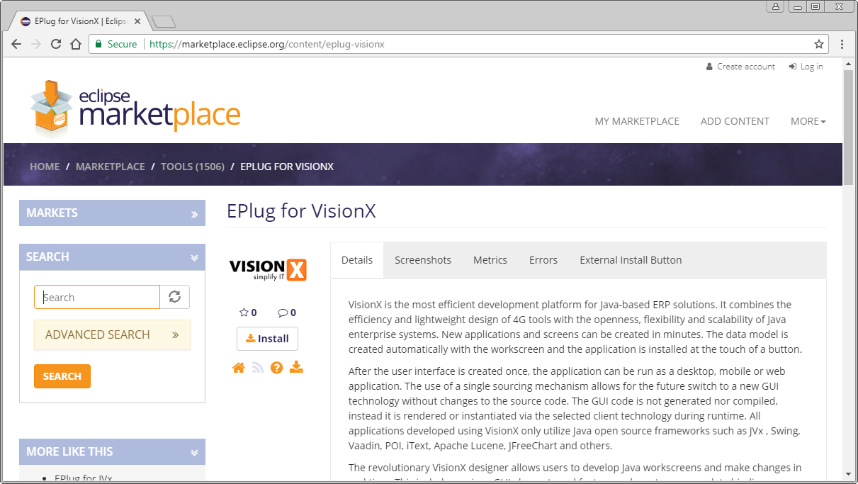 The EPlug-VisionX marketplace page.