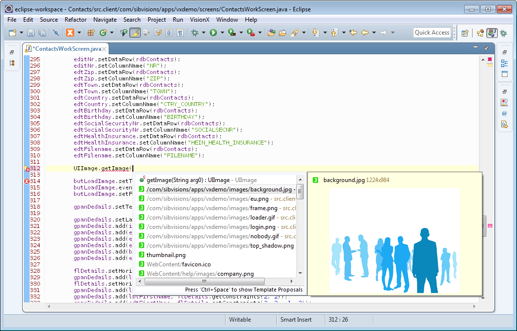 The code completion of Eclipse showing the available resources