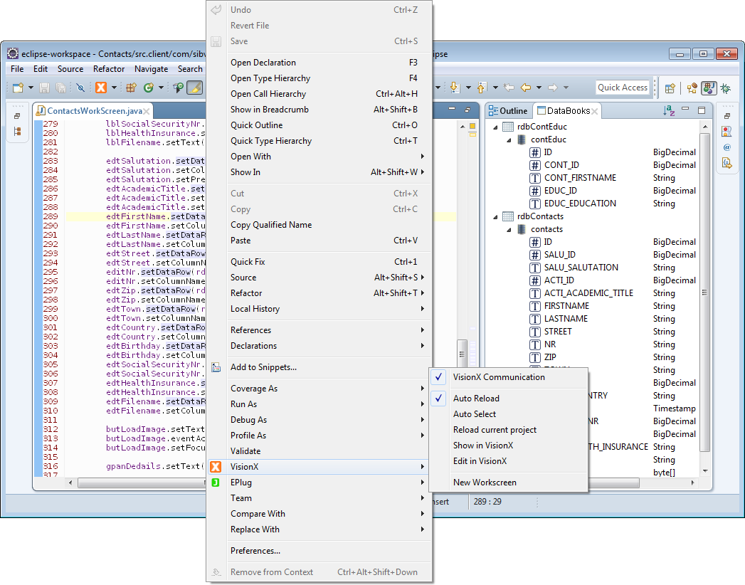 The VisionX context menu that can be accessed in the editor.