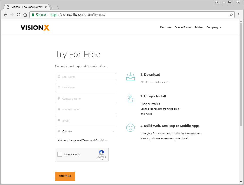 The VisionX homepage with the Trial registration page.