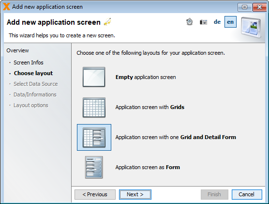 Selecting an Application screen with one Grid and Detail Form