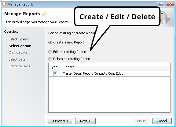 Manage Reports - Select Option