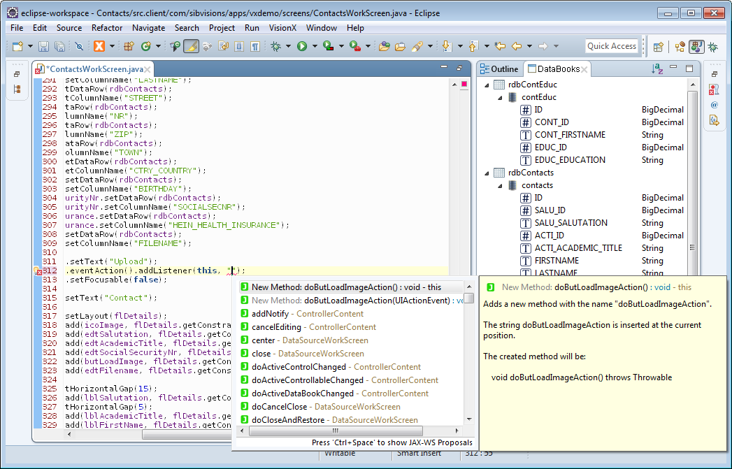 The code completion of Eclipse showing the "fitting" functions that can be used as actions.