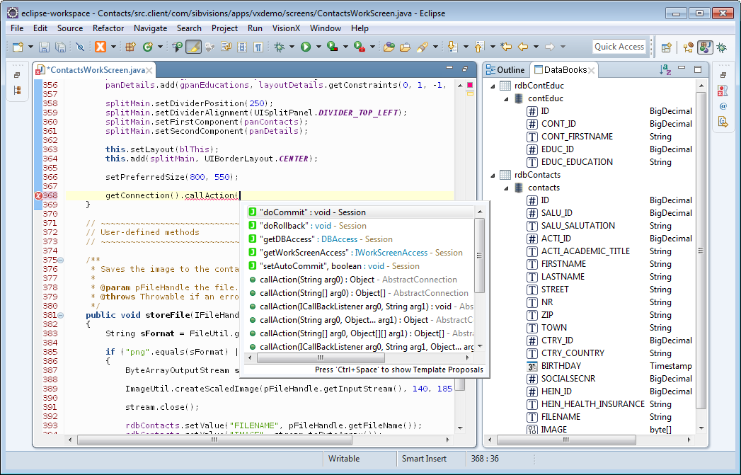 The code completion of Eclipse showing the available server side functions