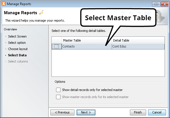 Create Report Wizard - Select Master Table