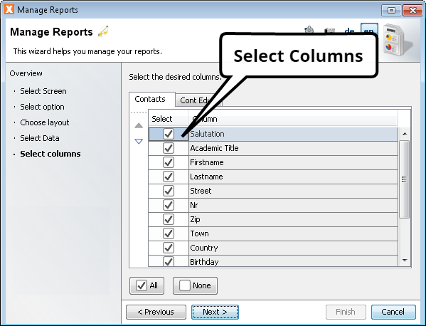 Create Report Wizard - Select Columns