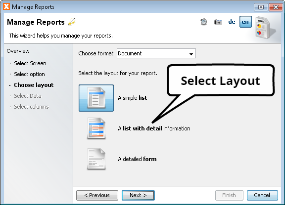 Manage Reports - Select Layout