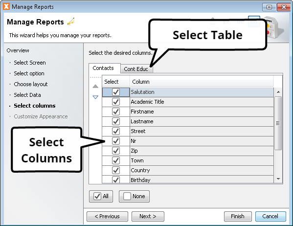Manage Reports - Select Master/Detail Columns