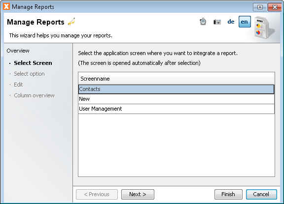 Manage Reports - Select Workscreen